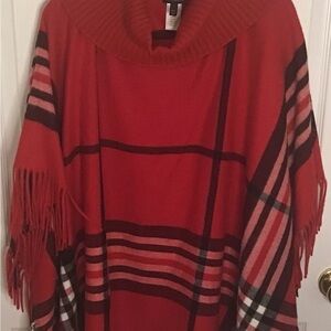 NWOT - Talbots red and black plaid poncho with fringe